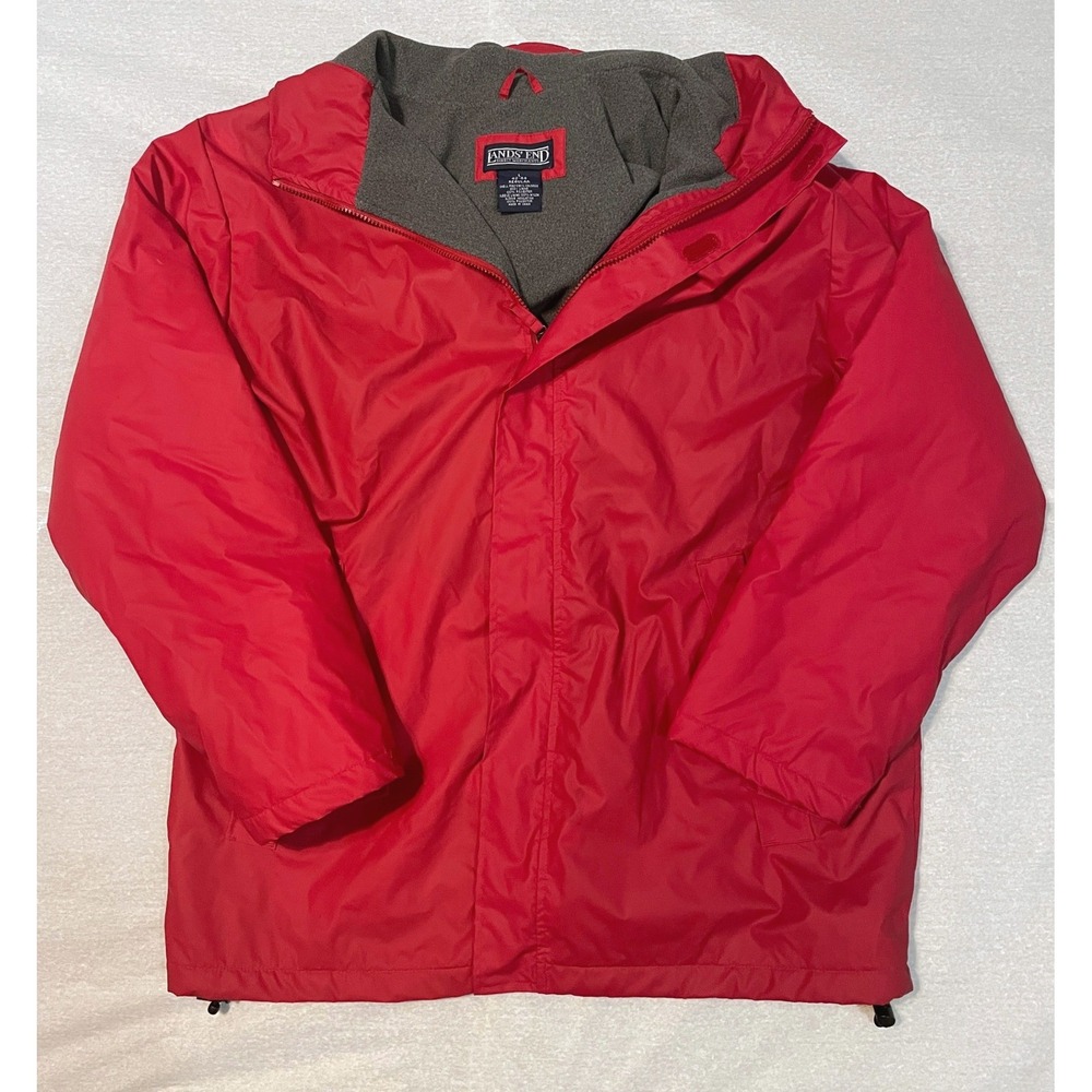 Vintage Lands End Red Mens Fleece Lined Weather Rain Zip Up Hooded Coat L